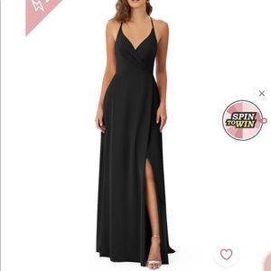 Black floor length bridesmaid dress with side leg slit and open back.
